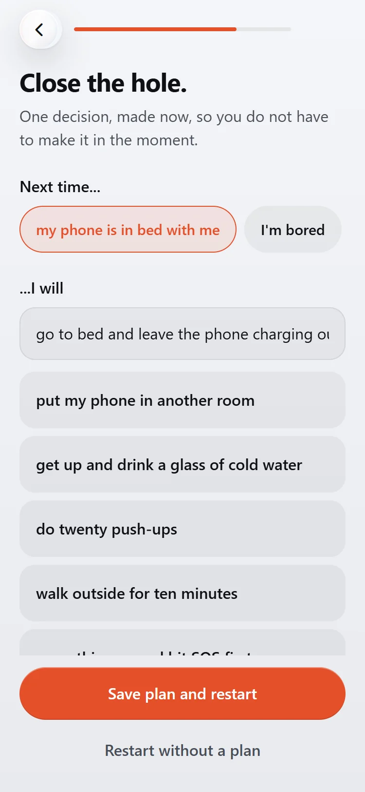 The last step after logging a slip: choosing what to do next time, here going to bed and leaving the phone charging outside the room.