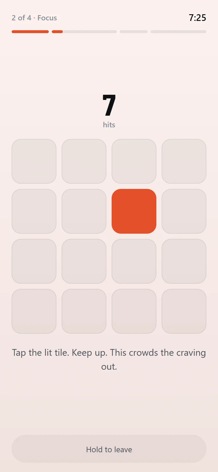 The second phase of the 10-minute flow: a grid of tiles with one lit, a score of 7 hits, and 7 minutes 25 seconds remaining.