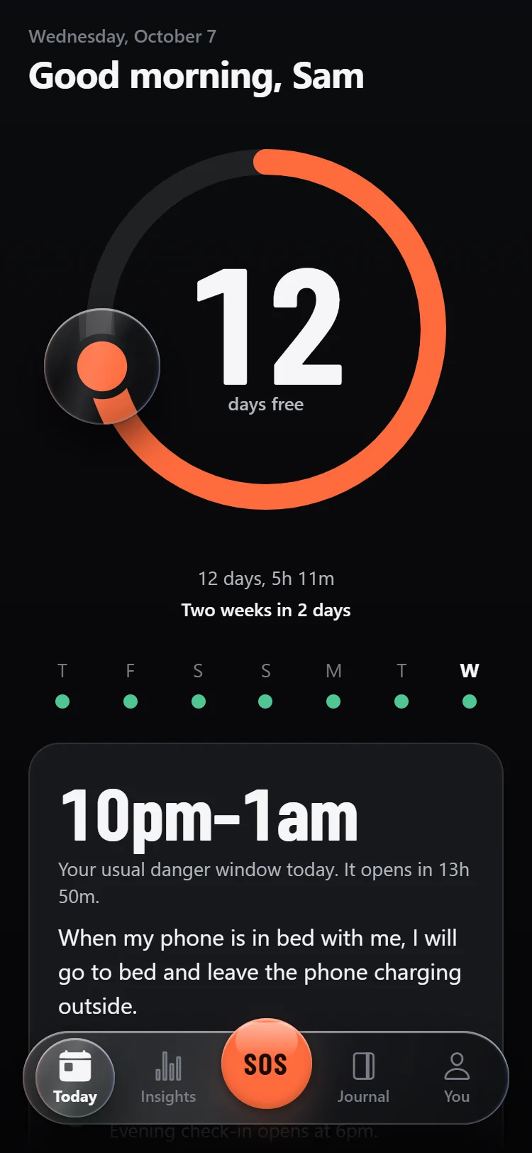 The ReNewMe home screen: a ring showing 12 days free, the last seven days all clean, and tonight's danger window from 10pm to 1am.
